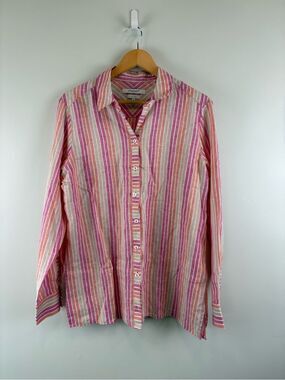 Foxcroft Easy Care 100% Linen Striped Shirt Size 14 Relaxed Orange Pink